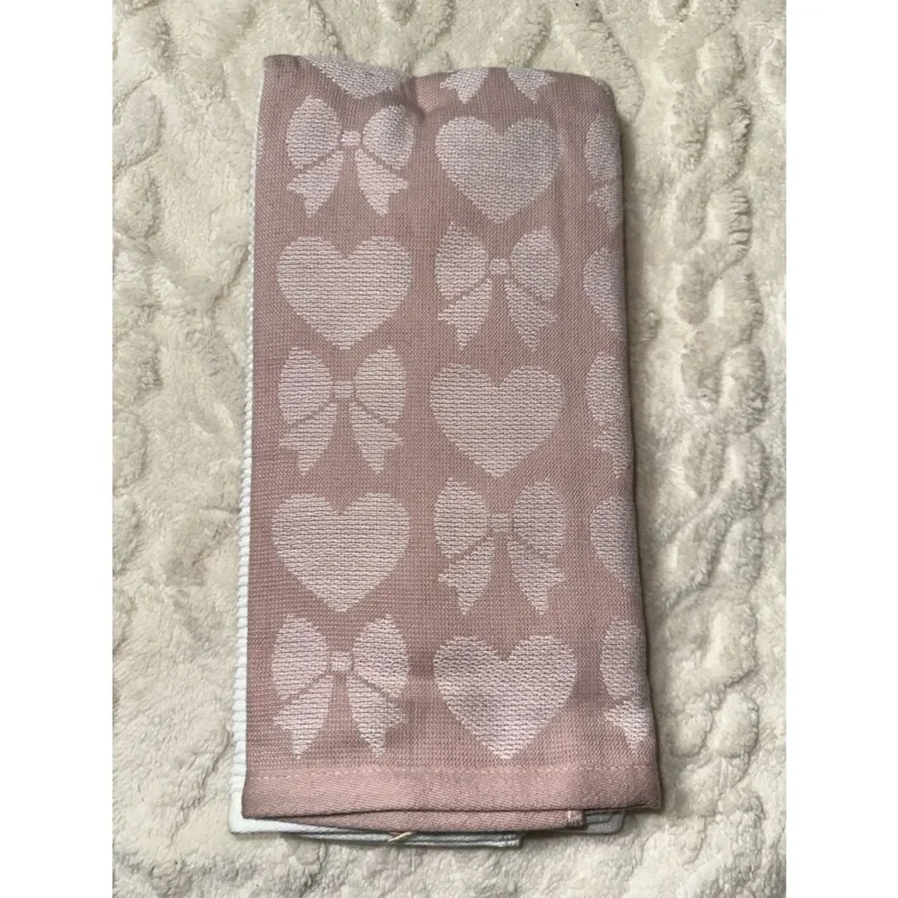 Valentine’s Day Pink White Hearts Bows Cotton Tea Kitchen Towels 2 pack
